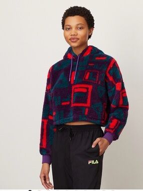 Fila Womens Sherpa Arya Printed Cropped Hoodie with Pocket Sz XS